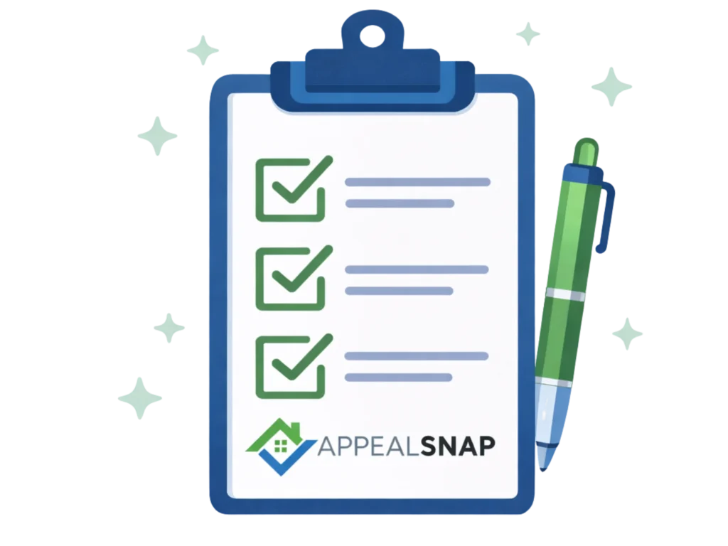 Illustration of a property tax appeal evidence checklist with the AppealSnap logo