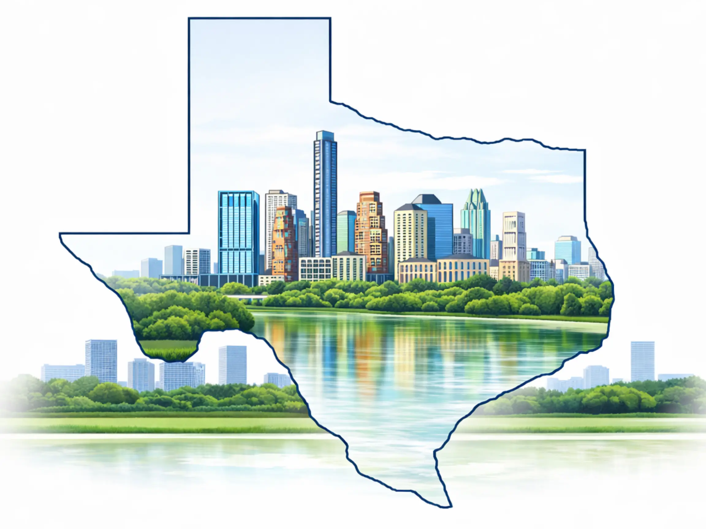 Illustration of the Austin, Texas skyline displayed inside the outline of Texas
