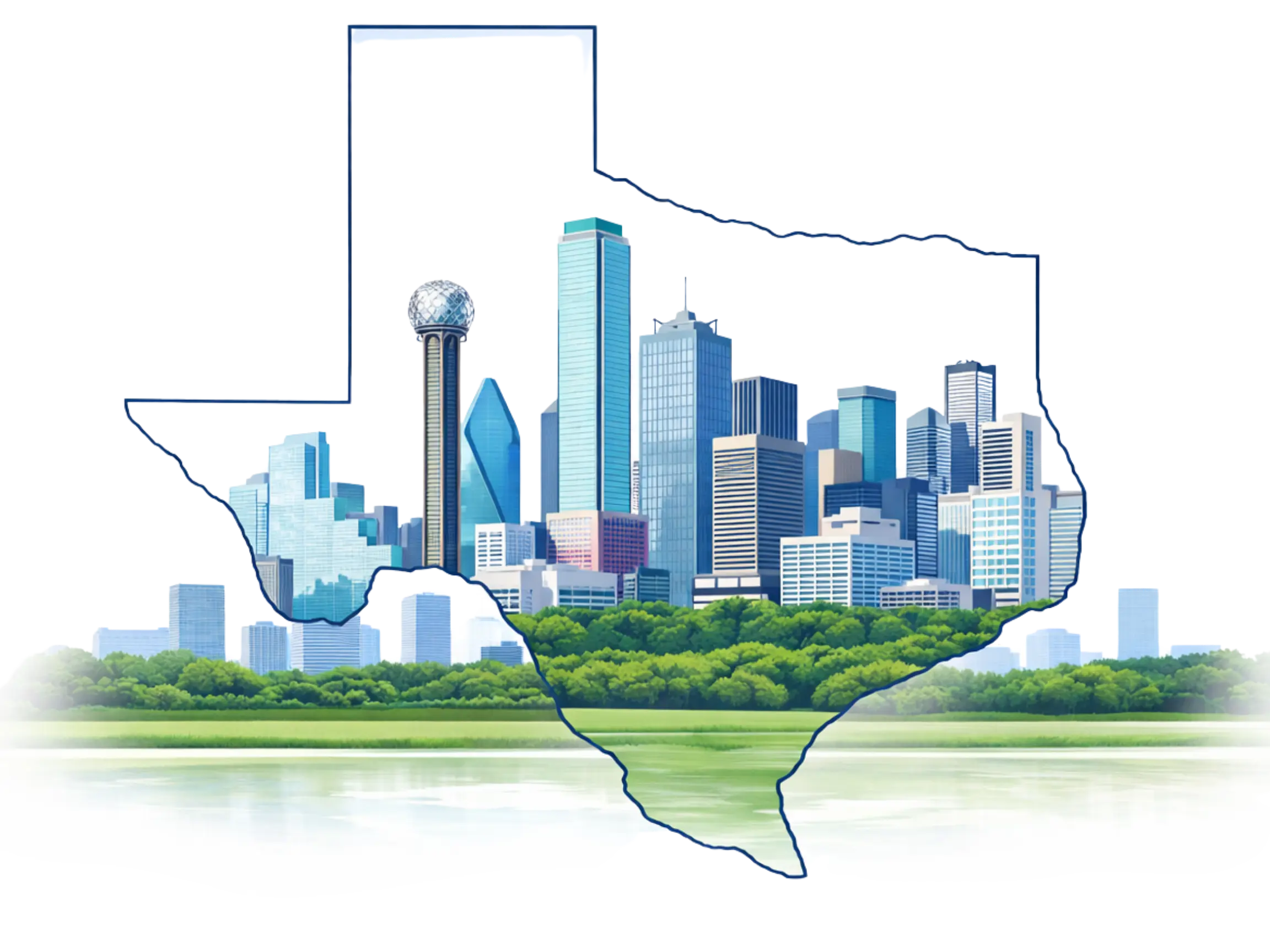 Illustration of the Dallas skyline displayed inside the outline of Texas