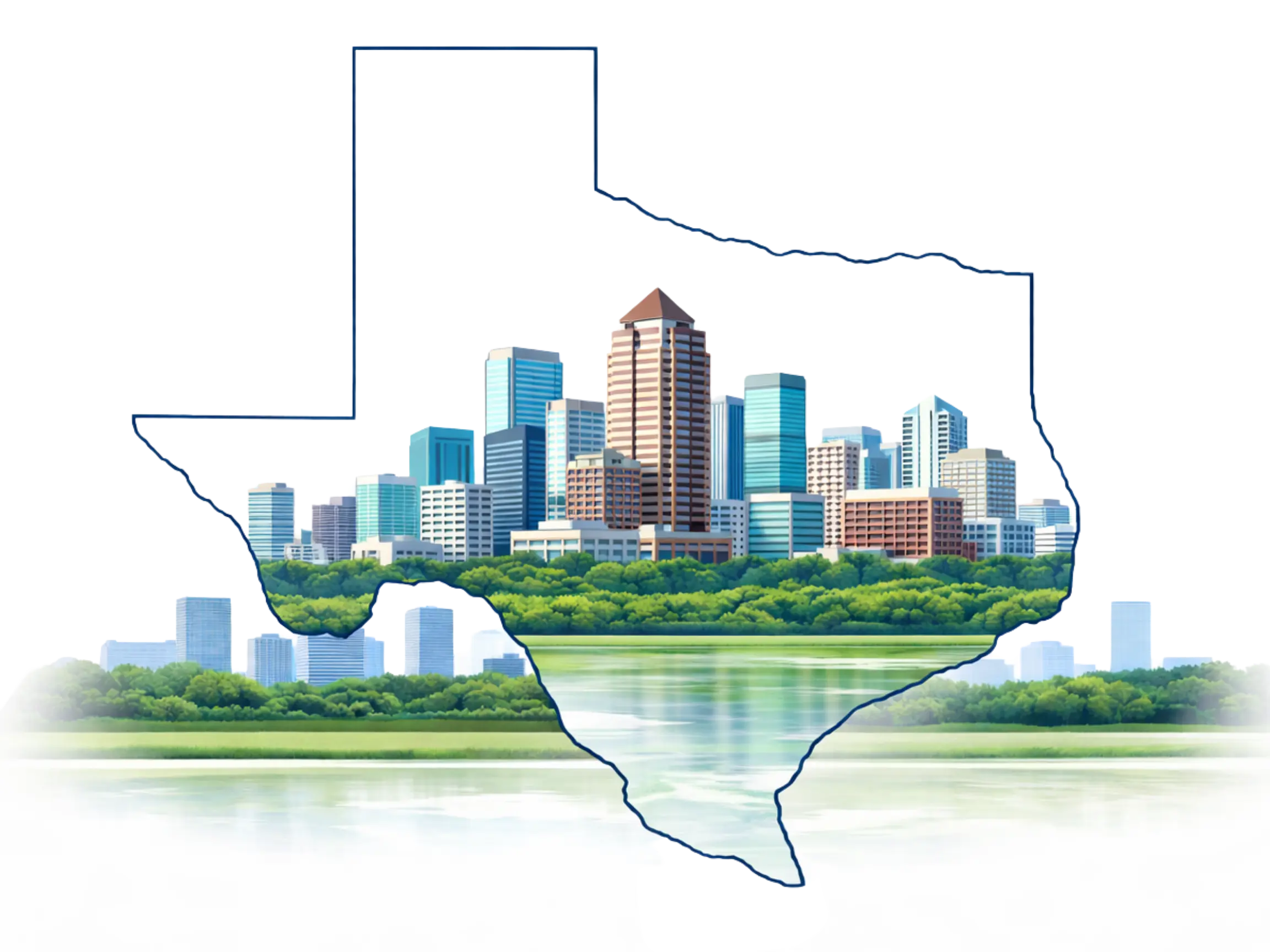 Illustration of the Plano, Texas skyline displayed inside the outline of Texas