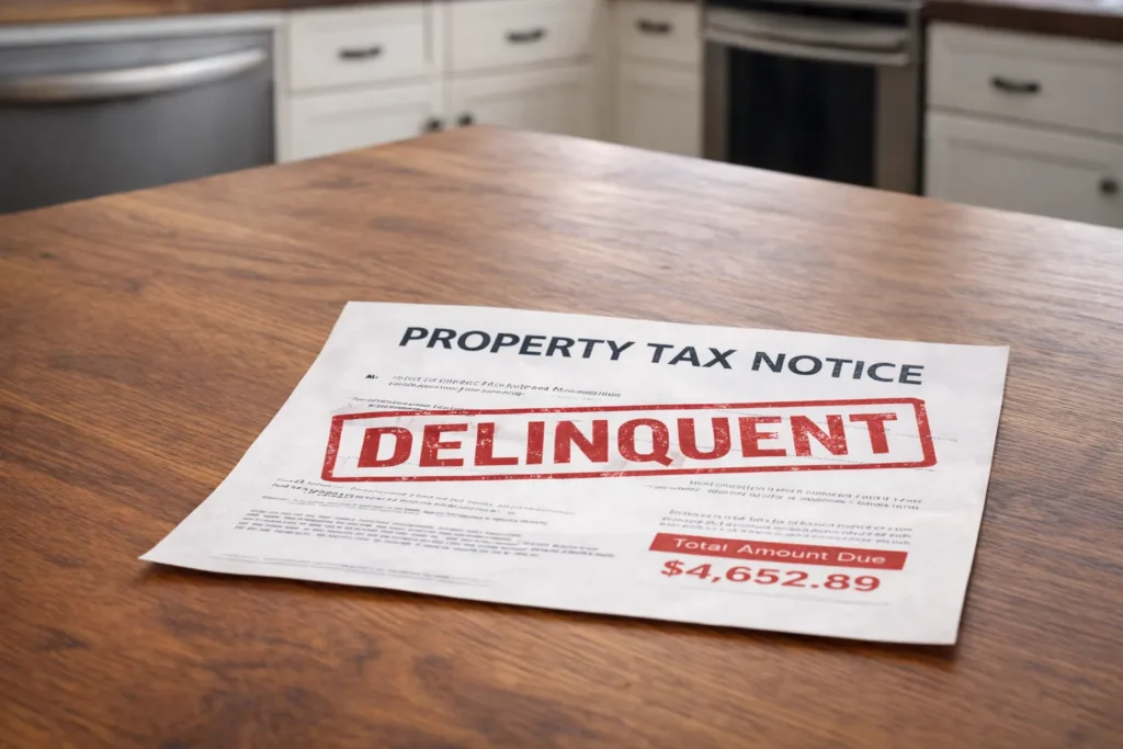 Realistic property tax notice marked delinquent lying on a wooden kitchen table in a Texas home.
