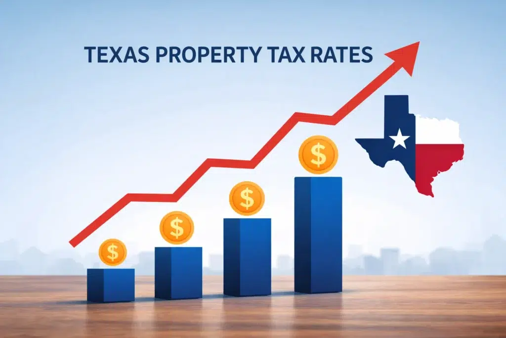 Graphic illustration of rising Texas property tax rates with blue bar chart columns and an upward red arrow.