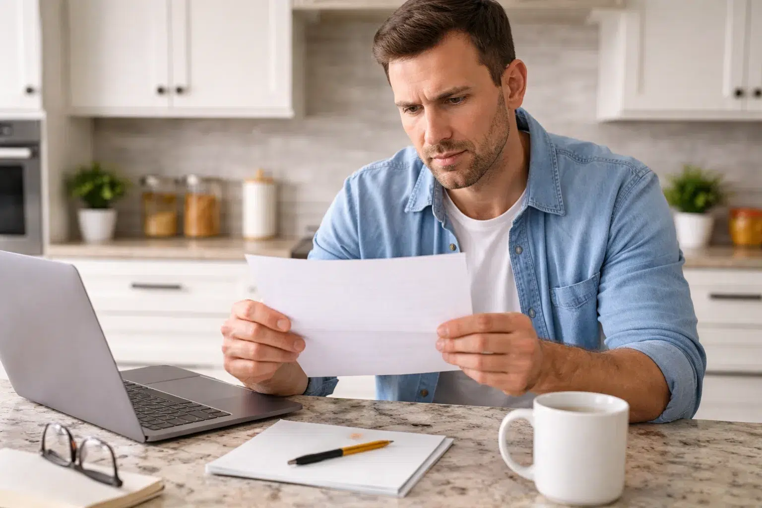 Texas homeowner reading a property value notice at a kitchen counter with a concerned expression.