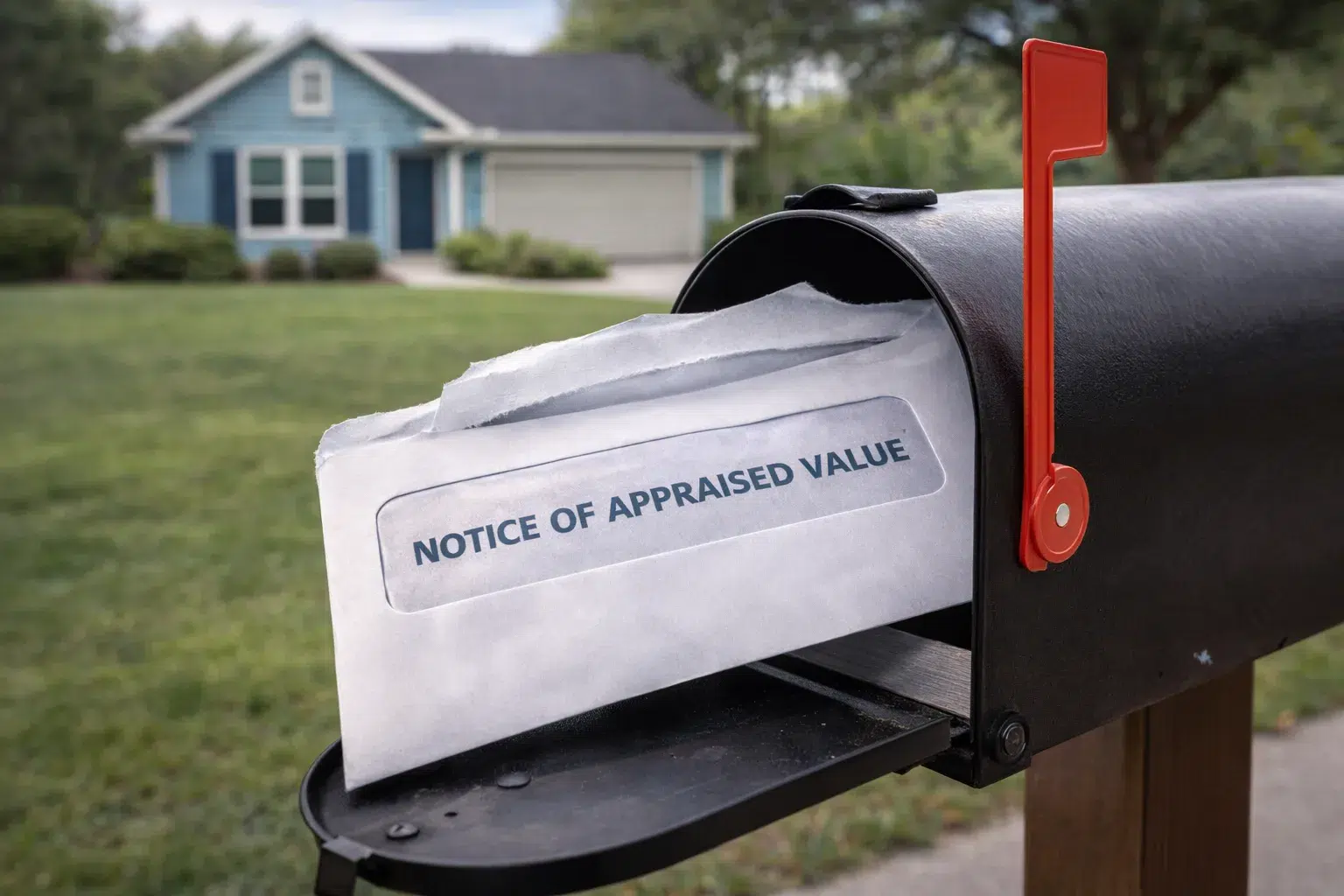 Texas property values release notice envelope sticking out of a black curbside mailbox with a blue suburban Texas home blurred in the background.